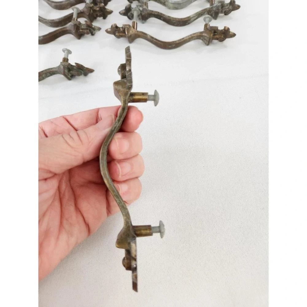 Set 10 Vintage Gothic Fleur de Lis Drawer Pulls Eastlake Brass Cabinet Handles